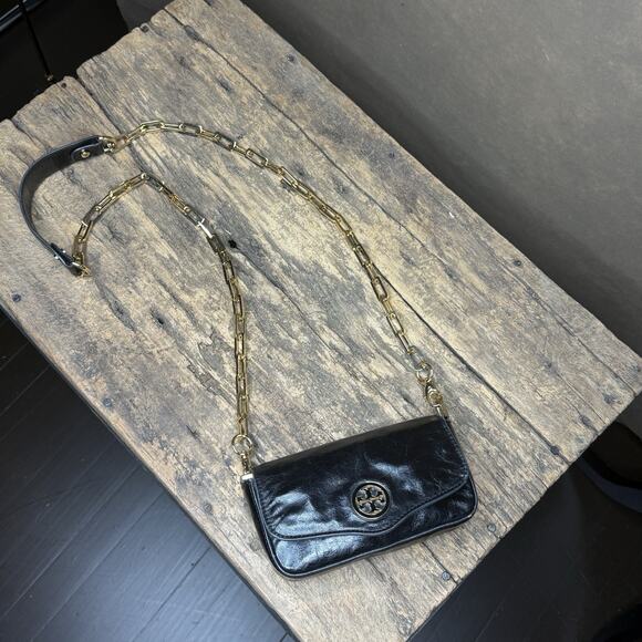 Tory Birch Amanda Black Mini Clutch Crossbody Gold Chain Removable Strap Leather - Picture 2 of 16